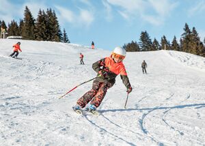 Ein Kind beim Skifahren auf der Kidsslope. Es trägt bunte Skikleidung und ist fröhlich. | © Schmittenhöhebahn AG/Punkt und Komma
