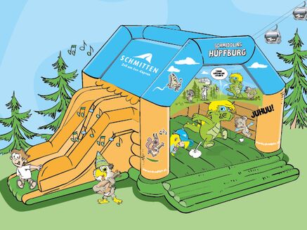Illustration einer Hüpfburg mit Schmidolin, Kindern und Musiknoten. | © Uschi Wimmer
