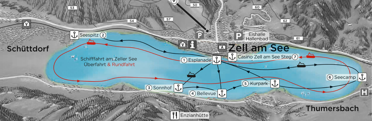 Overview map of the boat trips on Lake Zell | © Schmittenhöhen AG
